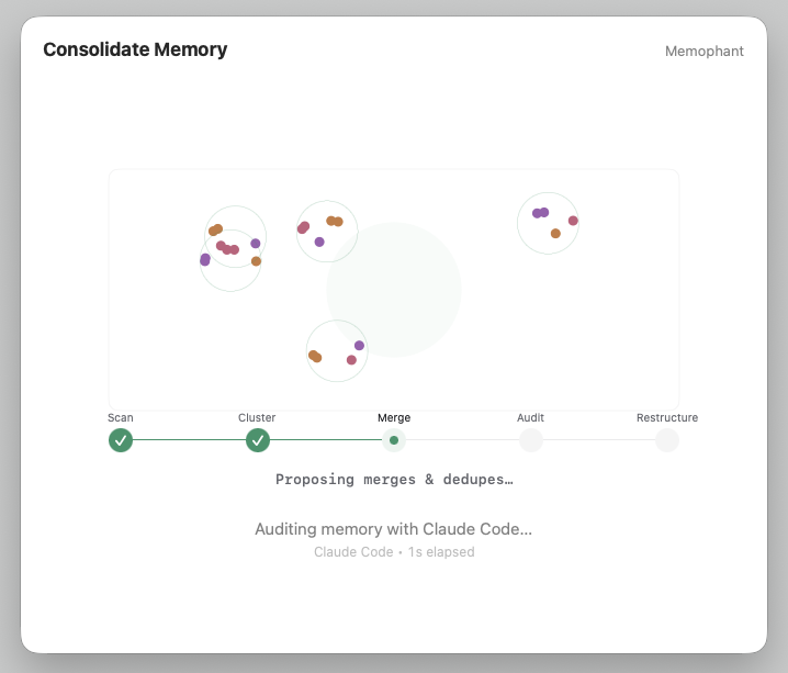 Run with Claude consolidation proposing merges for approval.