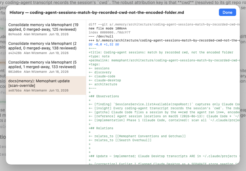 A pull request diff of a .memory/ note, with the provenance row and a reviewer comment.