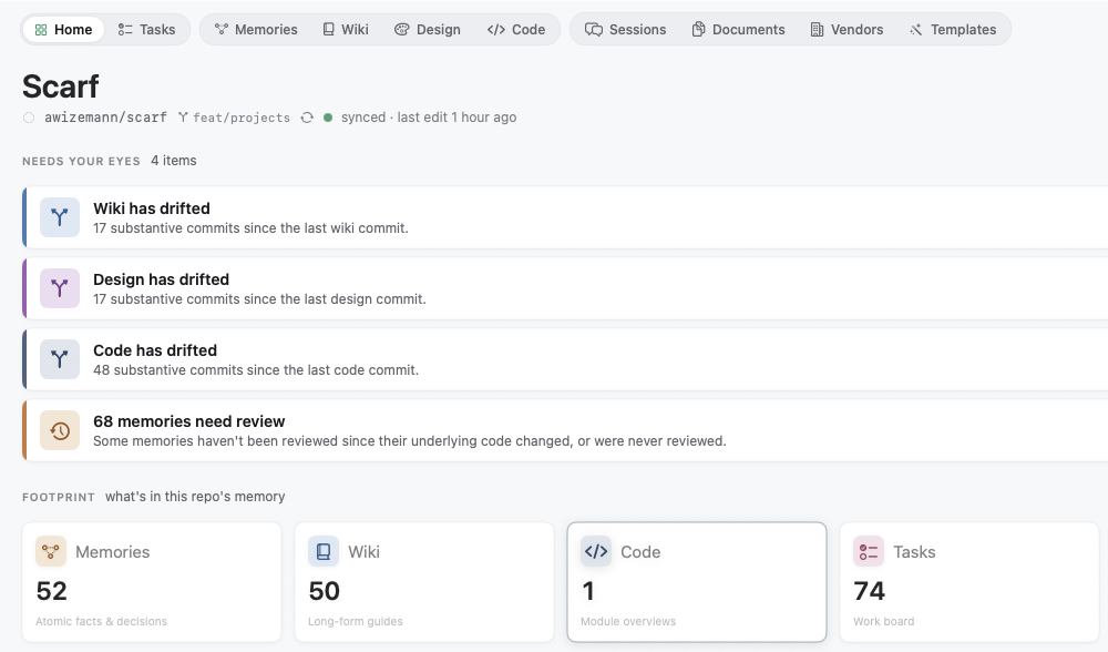 Dashboard drift call-outs — wiki, design, and code flagged as drifted, plus memories needing review, above the tier counts.