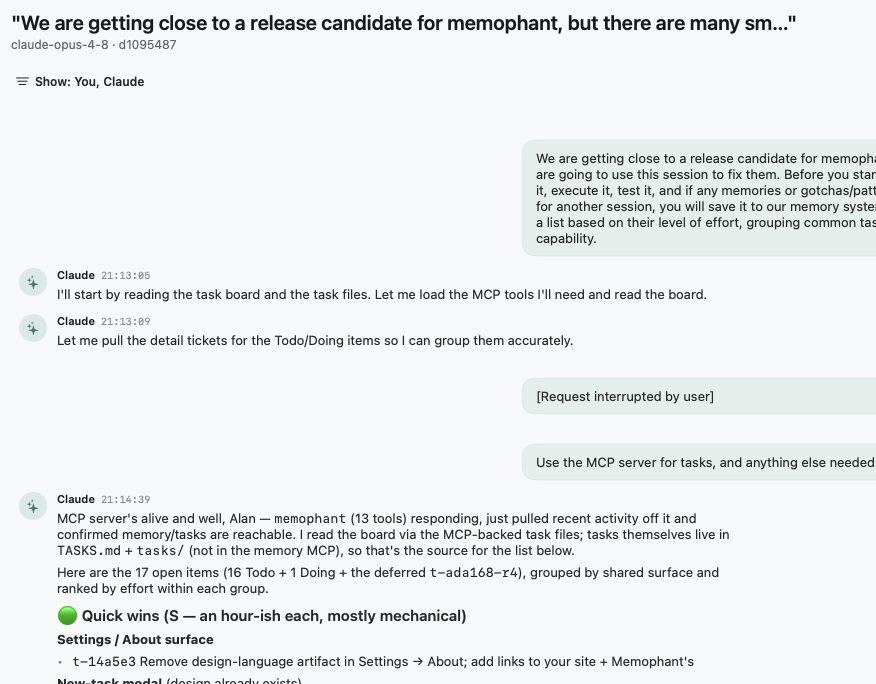 Sessions tier — an imported transcript rendered as markdown, with a collapsed tool-call block and a cited message.
