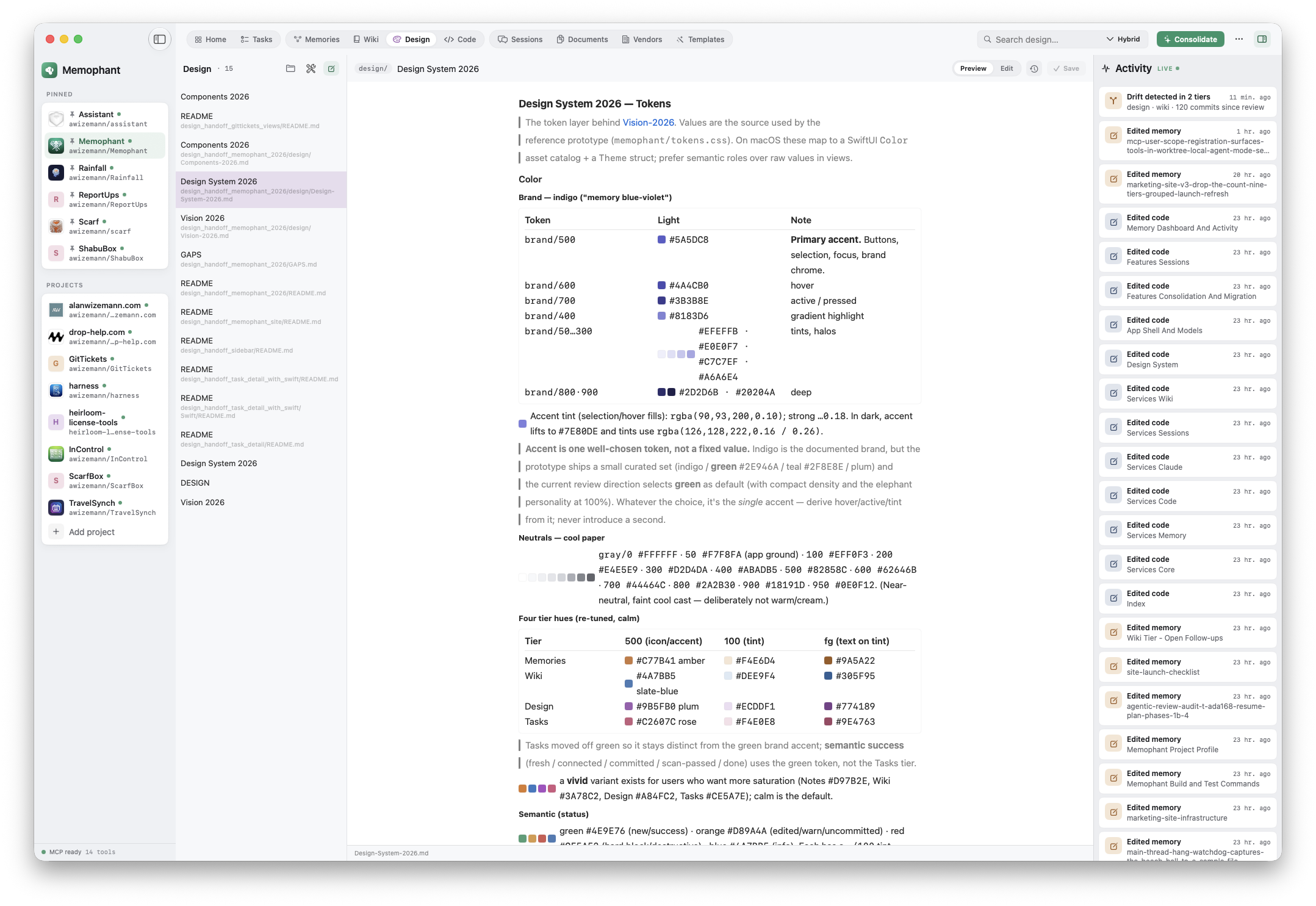 Design tier — a design.md rendering live color swatches and a type scale.